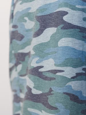 A close-up detail shot of a soft knit fabric in a blue-toned camo print — the kind of pattern that feels more 'weekend wanderer' than utilitarian, with dusty blue, sage, and charcoal blending into something almost painterly.