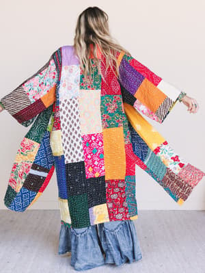 back view of One-of-a-Kind Stargazer Quilted Kimono in Multi