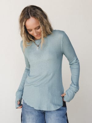 The Nest Jacqueline Waffle Long Sleeve Top - Dusty Blue S / Dusty Blue
