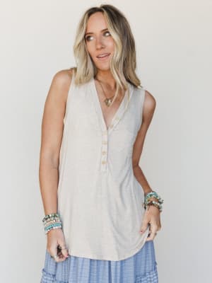 The Nest Shelli Henley Tank Top - Heather Oatmeal L / Heather Oatmeal