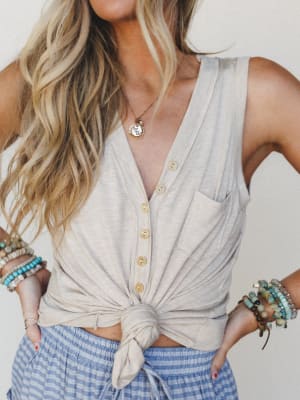 The Nest Shelli Henley Tank Top - Heather Oatmeal L / Heather Oatmeal