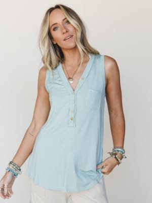 The Nest Shelli Henley Tank Top - Washed Seafoam M / Washed Seafoam