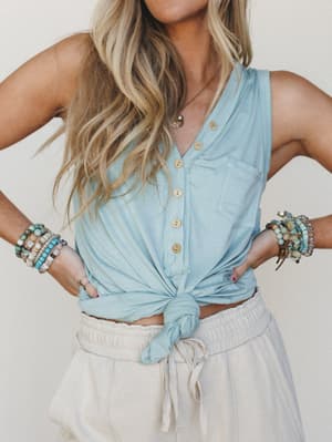 The Nest Shelli Henley Tank Top - Washed Seafoam M / Washed Seafoam