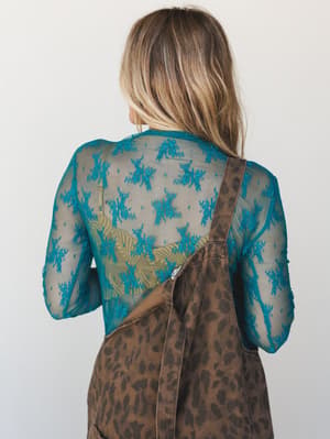 Shot from behind, a model layers a sheer teal floral lace long-sleeve top under a brown leopard-print overall dress — the kind of unexpected combo that feels totally intentional.