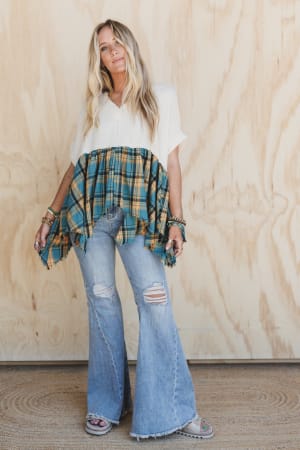 Revel Plaid V Neck Top: undefined