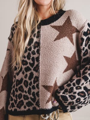 Person wearing a sweater with star and leopard print patterns.