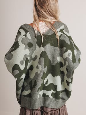 Camouflage-patterned sweater worn by a person on a plain background