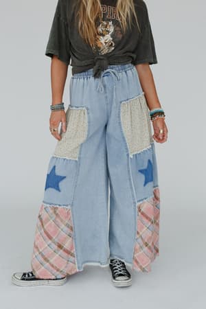 Coastal Chill Boho Wide Leg Pants in Denim Multi from Three Bird Nest