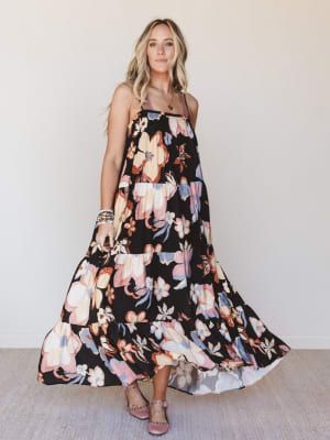 Mirra Floral Tiered Maxi Dress - Black L / Black