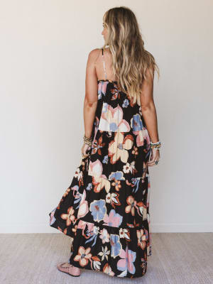 Mirra Floral Tiered Maxi Dress - Black L / Black