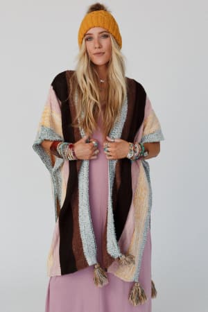 wandering-soul-striped-tassel-ruana-yellow/Yellow