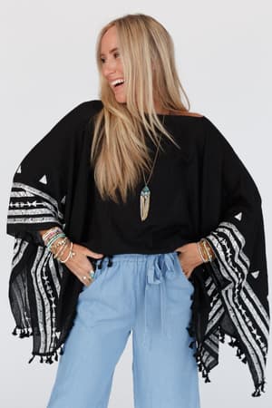 fallon-embroidered-sleeve-tassel-poncho-black/Black