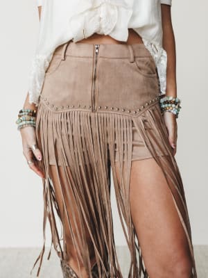 Here for a Good Time Fringe Shorts - Tan S / Tan