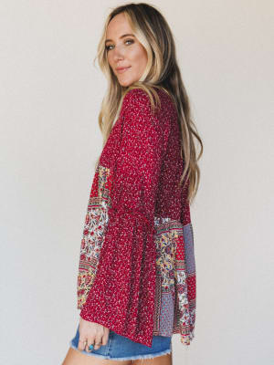 The Nest Brea Mixed Print Top - Burgundy XL / Burgundy