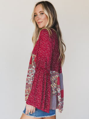 The Nest Brea Mixed Print Top - Burgundy XL / Burgundy