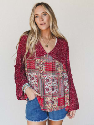 The Nest Brea Mixed Print Top - Burgundy XL / Burgundy