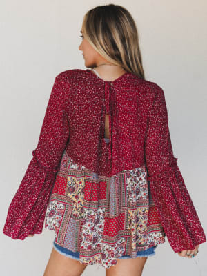 The Nest Brea Mixed Print Top - Burgundy XL / Burgundy