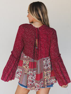 The Nest Brea Mixed Print Top - Burgundy XL / Burgundy