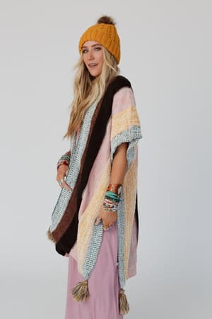 wandering-soul-striped-tassel-ruana-yellow/Yellow