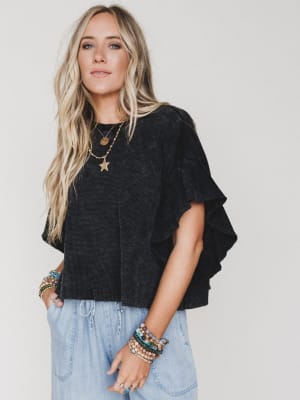 Ruffle Sleeve Tee - Ash Black L / Ash Black