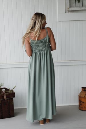 back view of The Nest Bohemian Grace Maxi Dress in Sage from Three Bird Nest