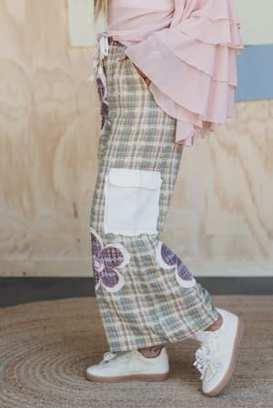 flower-power-patchwork-plaid-pants-olive/Olive