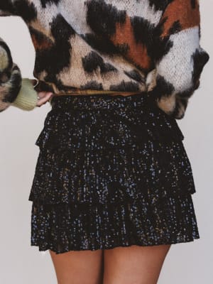 Person wearing a patterned sweater and black sequin skirt on a plain background