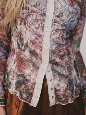 Close-up of a floral-patterned garment with a decorative trim.