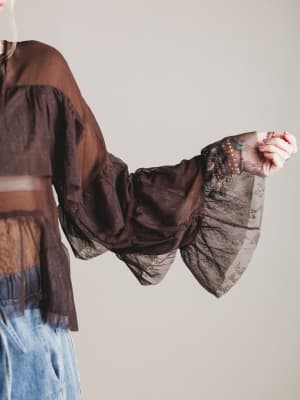 Brown blouse with sheer sleeves worn by a person on a plain background