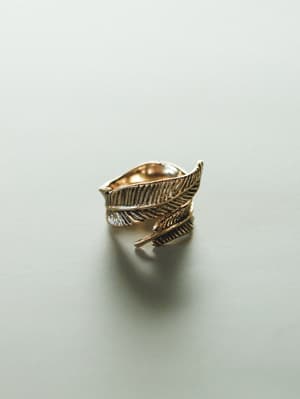 Gold feather-shaped ring on a light gray background