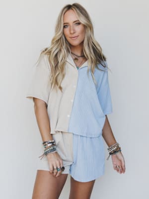The Nest Vibes Color Block Short Set - Bone Sky L / Bone Sky