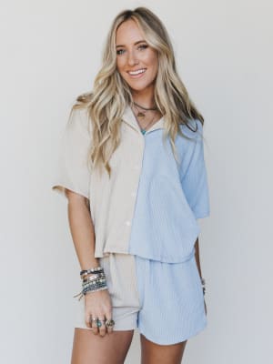 The Nest Vibes Color Block Short Set - Bone Sky L / Bone Sky