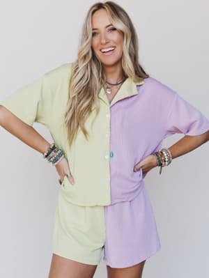 The Nest Vibes Color Block Short Set - Lime Lilac L / Lime Lilac