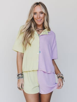 The Nest Vibes Color Block Short Set - Lime Lilac L / Lime Lilac