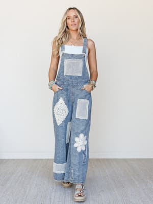 Flower Patch Overalls - Denim Multi S / Denim Multi