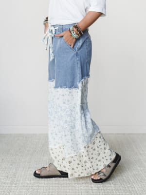 Camo Meets Plaid Wide Leg Pants - Light Denim Multi M / Light Denim Multi