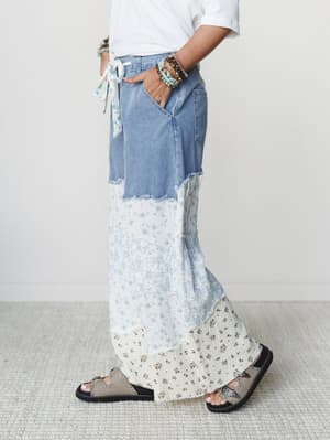 Camo Meets Plaid Wide Leg Pants - Light Denim Multi M / Light Denim Multi