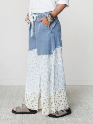 Camo Meets Plaid Wide Leg Pants - Light Denim Multi M / Light Denim Multi