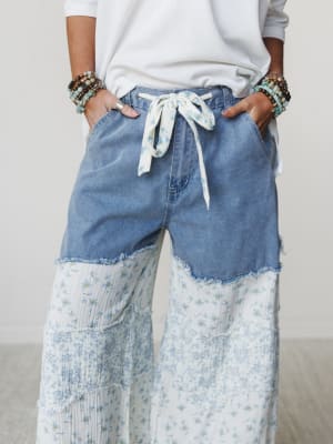 Camo Meets Plaid Wide Leg Pants - Light Denim Multi M / Light Denim Multi