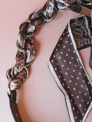 A close-up flat lay of a brown paisley braided belt threaded with gold O-rings alongside a coordinating brown and cream paisley print scarf, both styled against a soft blush pink background.