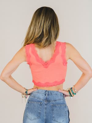 Lace Trim Cropped Cami - Hot Coral M / Hot Coral