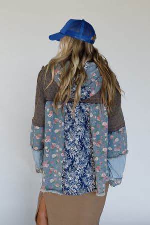 back view of the Starlit Petals Hoodie Denim Boho Jacket from Three Bird Nest
