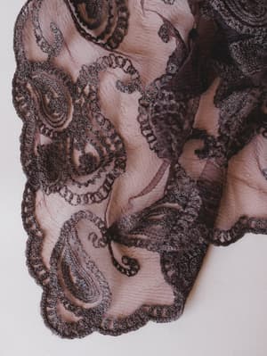 A close-up detail shot of sheer brown lace fabric with intricate paisley embroidery and scalloped edges, draped softly against a white surface — the kind of textile detail that makes you want to touch it.