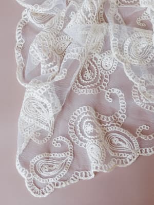 A dreamy close-up of cream lace fabric draped softly against a dusty rose background, showing intricate paisley embroidery and scalloped edges — the kind of detail you pause to look at twice.