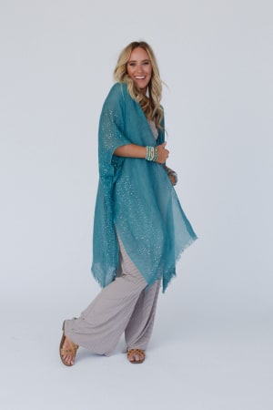 mikka-sequin-frayed-trim-kimono-teal/Teal