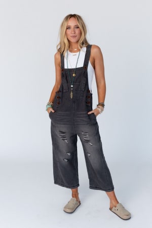 High Hopes Slouchy Pocket Denim Overalls: undefined