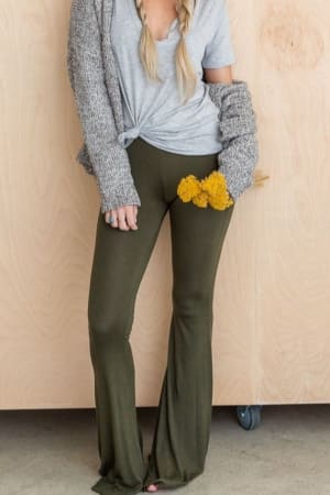 dylan-solid-raw-edge-flare-pant-olive/Olive