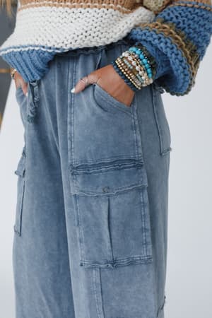 pocket detail of Game On Cargo Wide Leg Pant in Faded Navy
