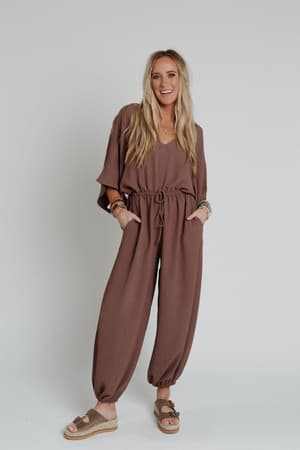 The Nest New Love Relaxed Drawstring Jumpsuit in Mocha from Three Bird Nest