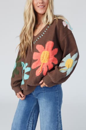 good-mood-flower-print-sweater-brown/Chocolate